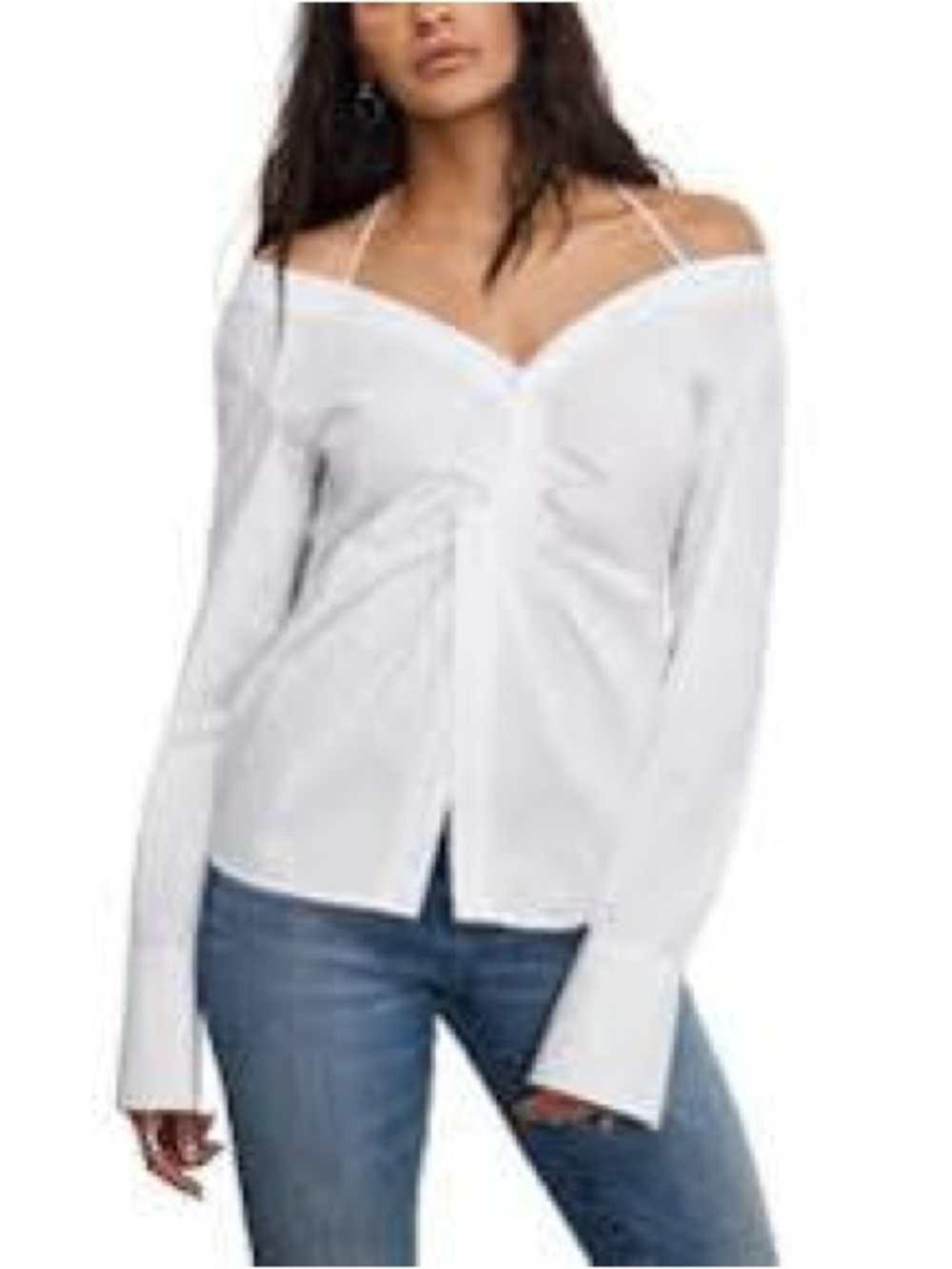 Good American White Off-Shoulder Button-Down twist front Top